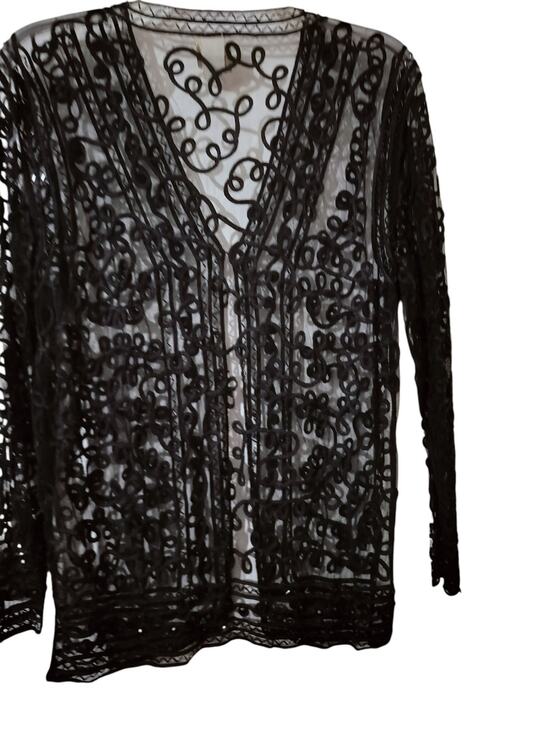 Sam Sweaters - 5917)Vtg 80s SAM USA Black 1X Whimsygoth Witch Sheer Mesh Rayon Evening Cardigan